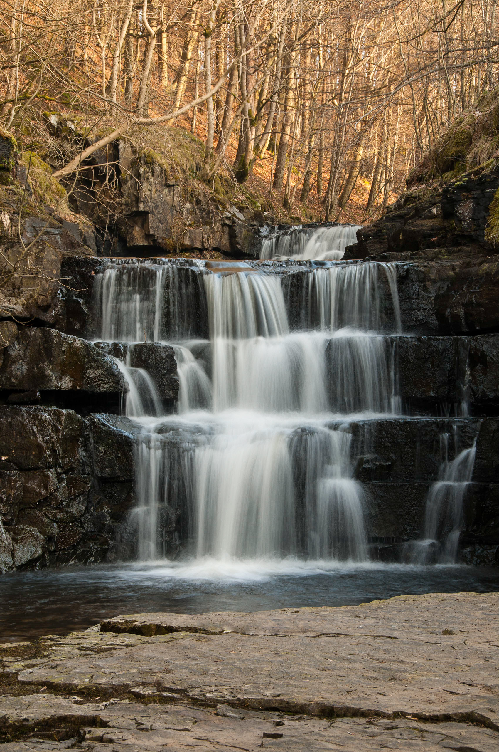 A waterfall, with woods in winter in the background